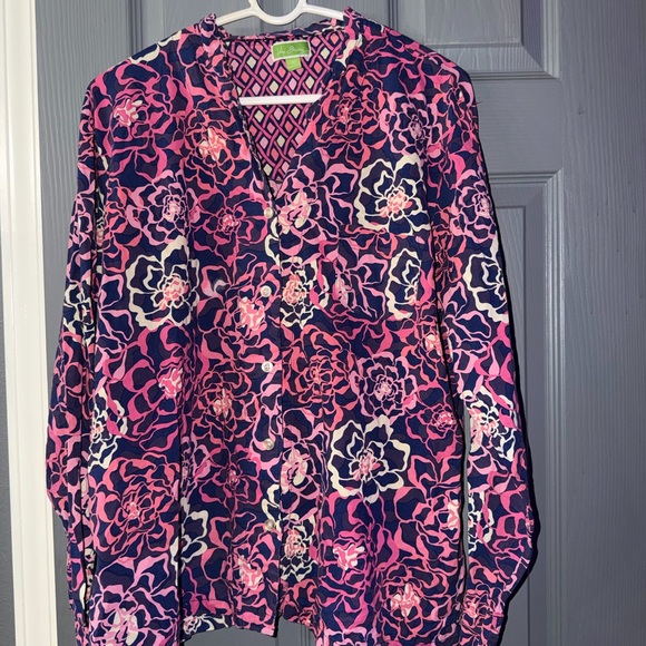 Vera Bradley Vibrant Pink and Purple Button Down Shirt - Picture 2 of 9